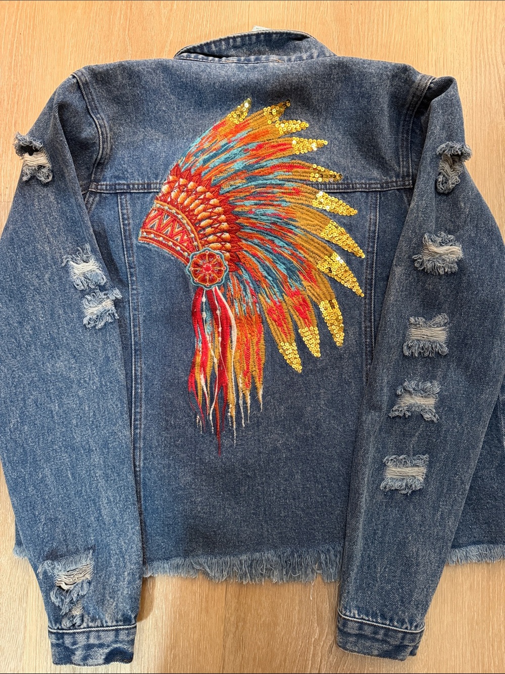 Savanna Jane Blue Denim Jacket with Multicolor Feather Headdress Embroidery